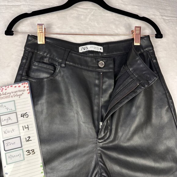 ZARA Black Pants 6 Straight Lag Faux Leather High Rise Slit Hem Stretchy Pants - Picture 8 of 11